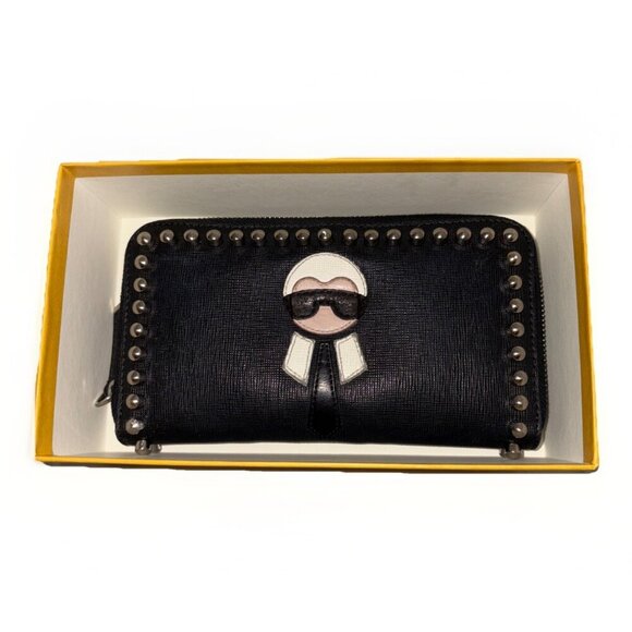 Fendi Karlito Long Studded Black Saffiano Zip Wallet In Original Box. Authentic - Picture 3 of 16